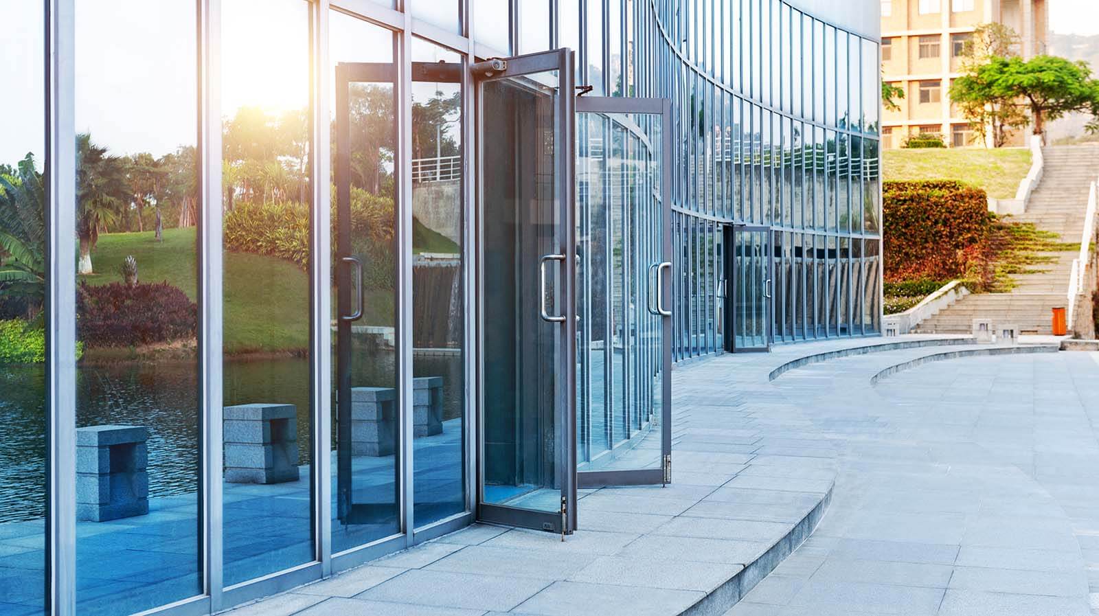 glass security doors on commercial building